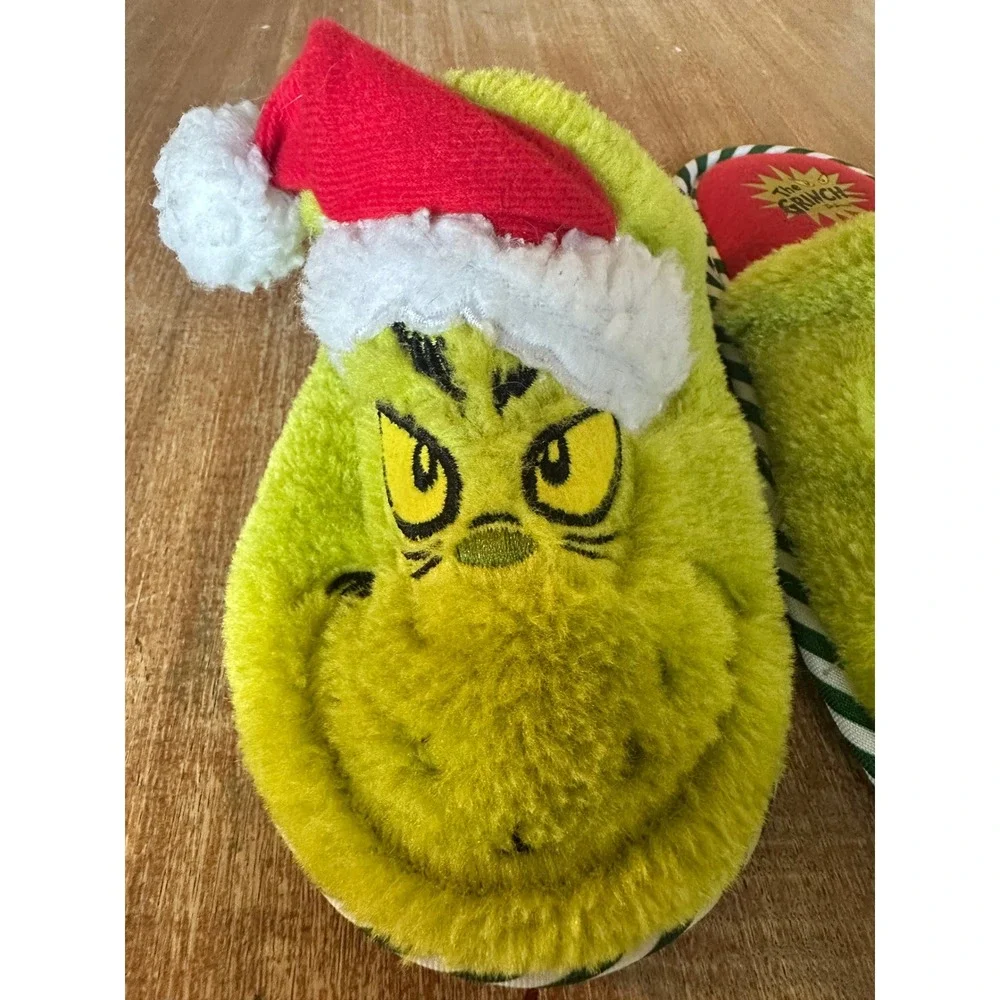 Dr Seuss The Grinch Kids Plush Christmas Slippers Green Santa Hat Size M 13-1